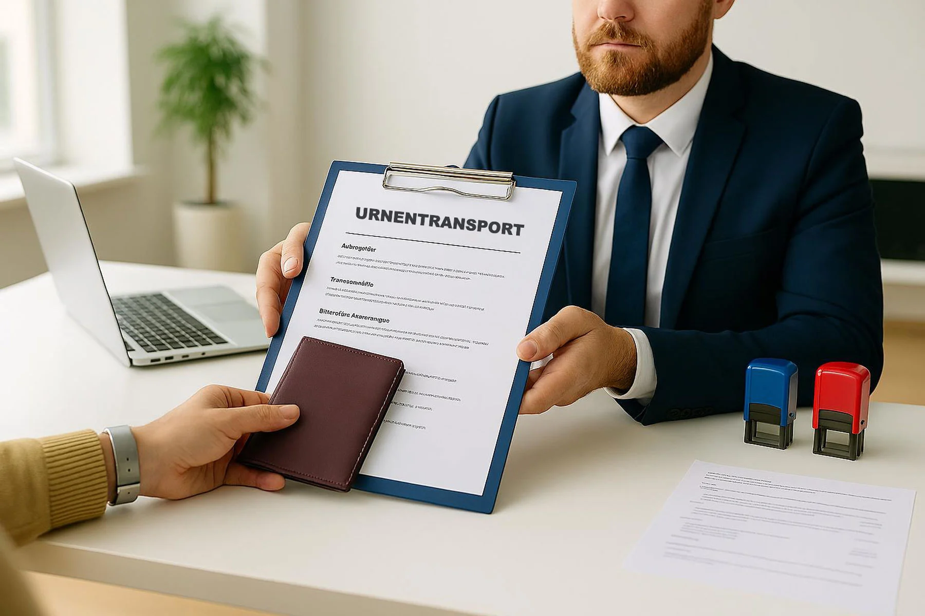 Übergabe von Dokumenten für einen Urnentransport mit Reisepass