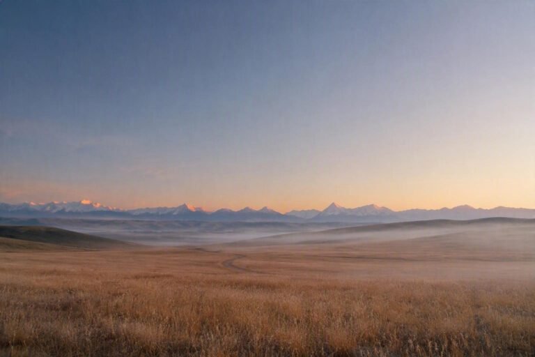 Steppenlandschaft in Kasachstan bei Sonnenaufgang