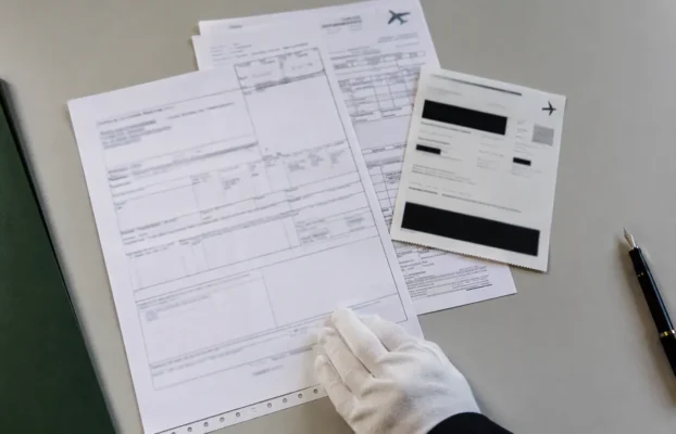 Luftfrachtpapiere und Air Waybill für eine Urnenüberführung ins Ausland, persönliche Angaben geschwärzt
