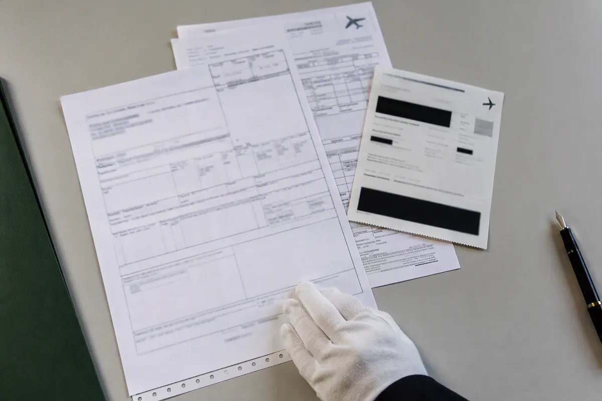 Luftfrachtpapiere und Air Waybill für eine Urnenüberführung ins Ausland, persönliche Angaben geschwärzt