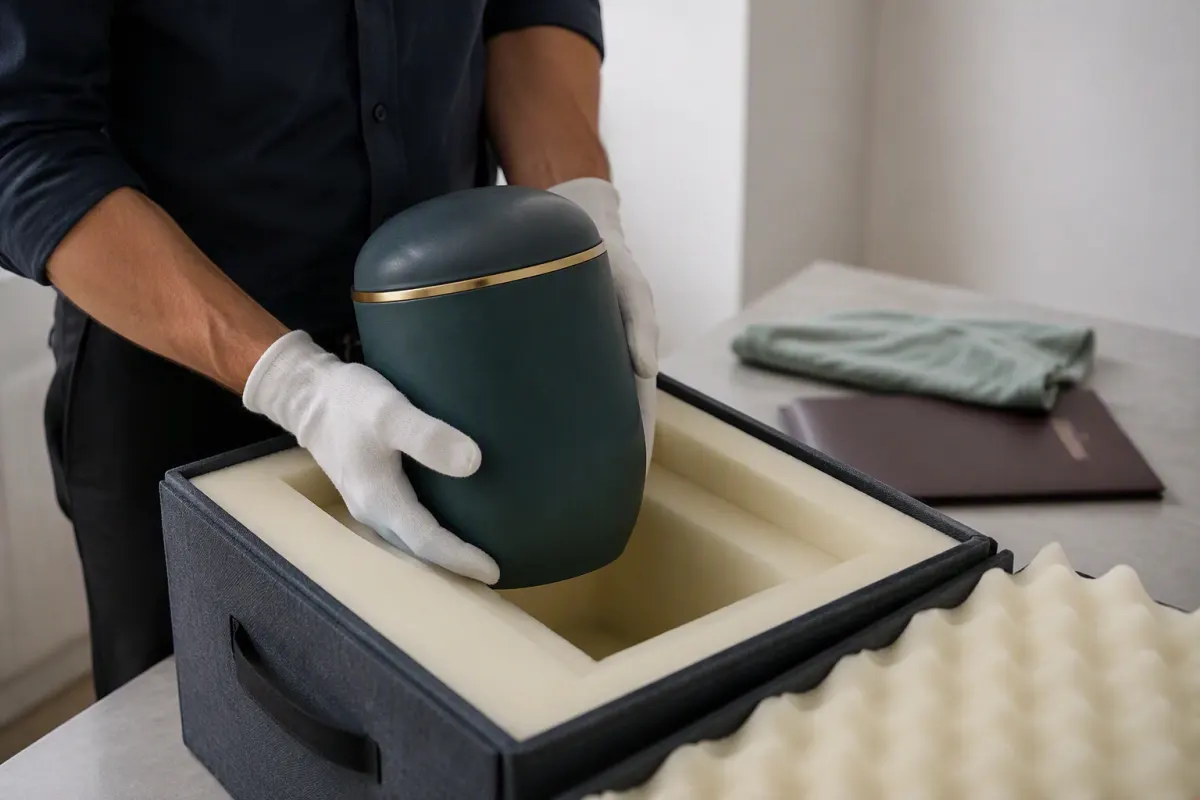 Mitarbeiter von Ritual-Service24 setzt mit Handschuhen eine Urne in einen gepolsterten Transportkarton