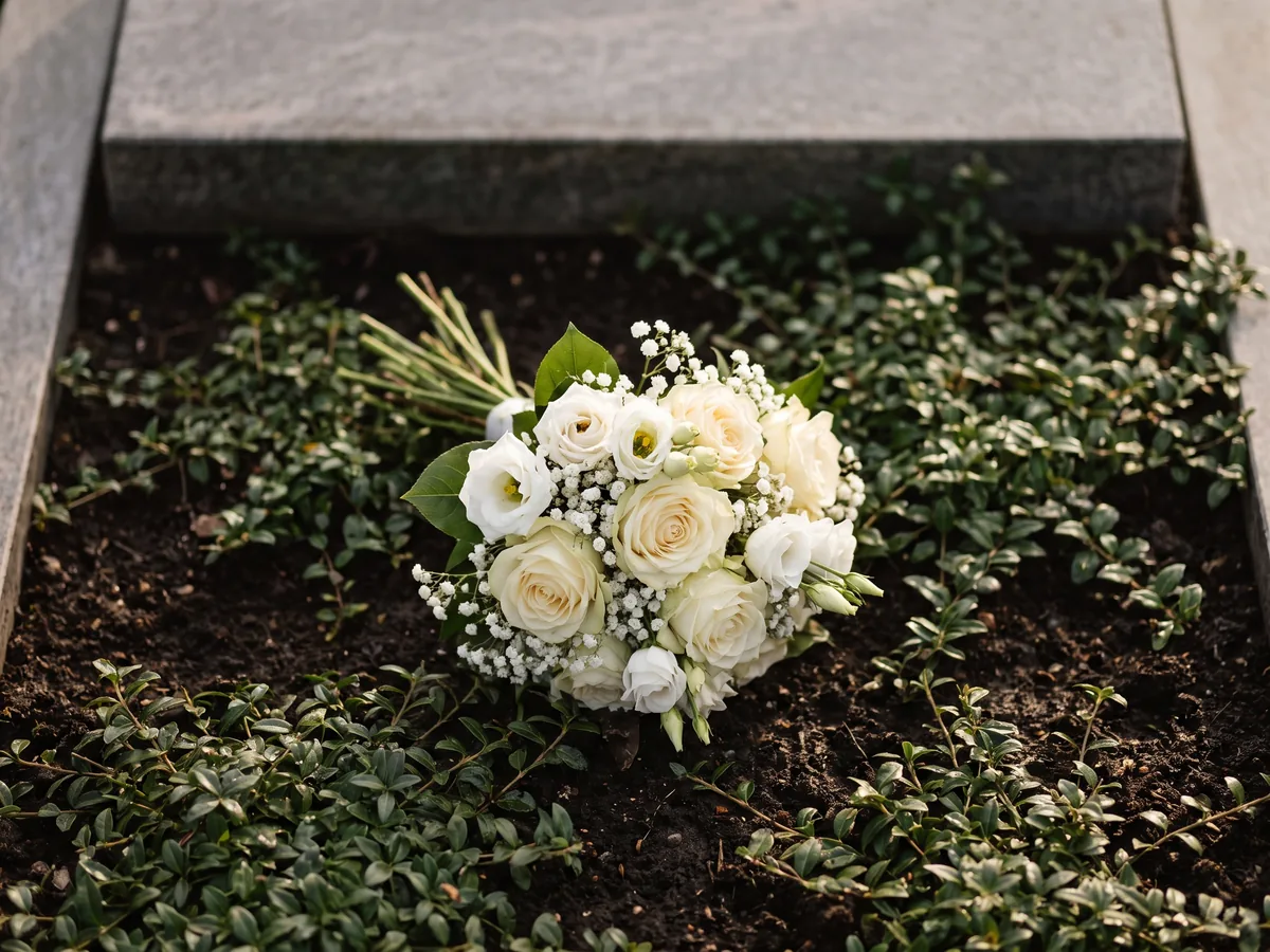 Gepflegtes Grab mit frischen weißen Blumen