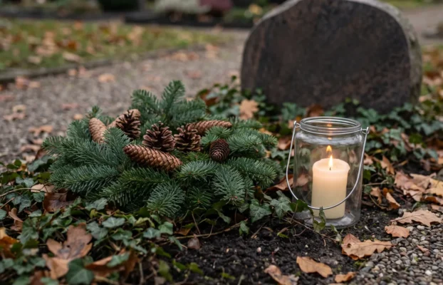 Gepflegtes Grab im November mit Tannengesteck und brennendem Grablicht