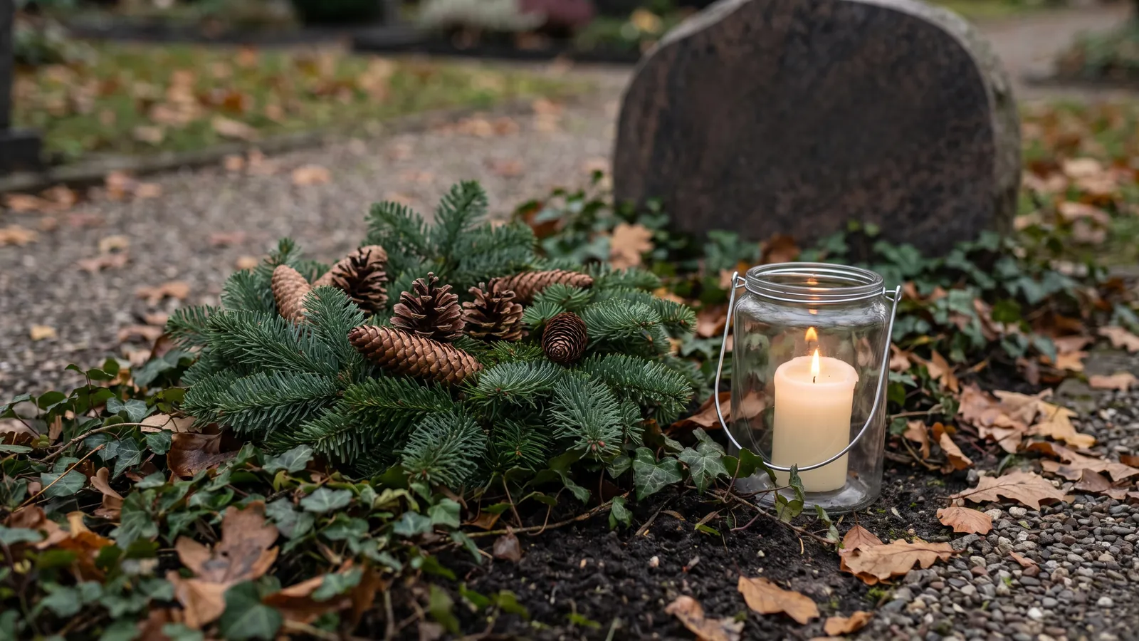 Gepflegtes Grab im November mit Tannengesteck und brennendem Grablicht