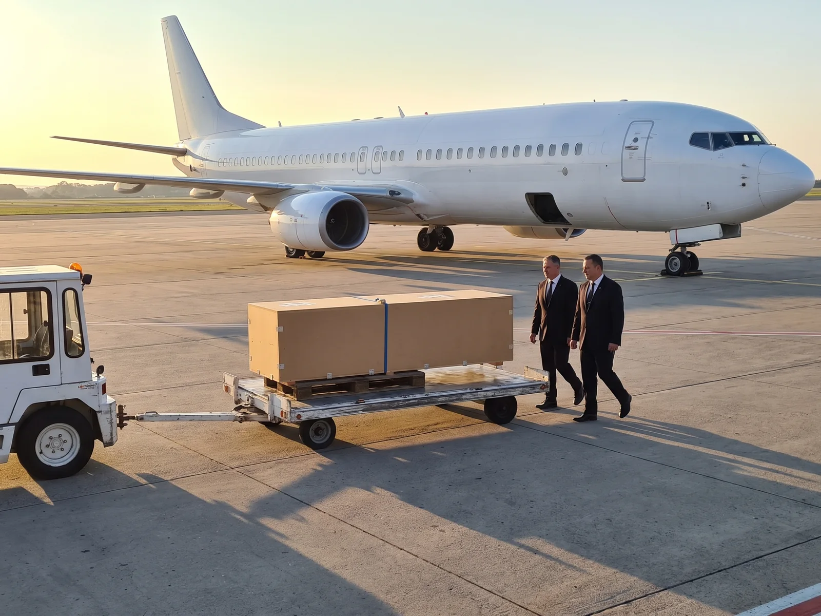 Neutrale Transportkiste auf einem Flughafen-Rollwagen wird für eine internationale Überführung zum Flugzeug gefahren