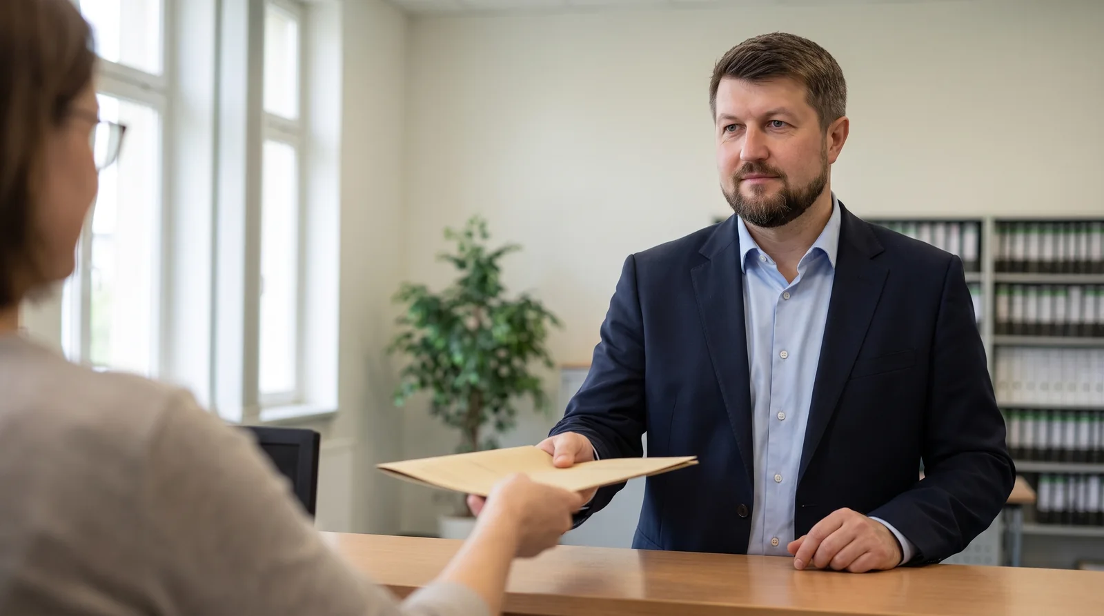 Rudolf Nordheimer übergibt Unterlagen am Behördenschalter
