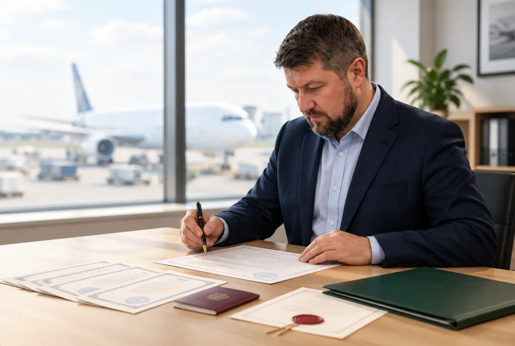 Rudolf Nordheimer prüft Überführungsdokumente am Schreibtisch, im Hintergrund das Flugfeld