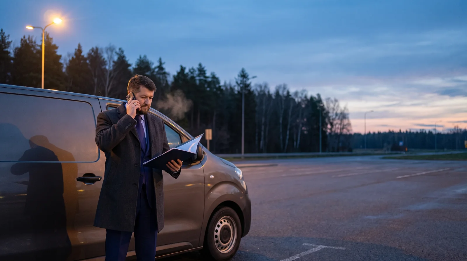 Rudolf Nordheimer unterwegs bei Nacht neben dem Transportfahrzeug