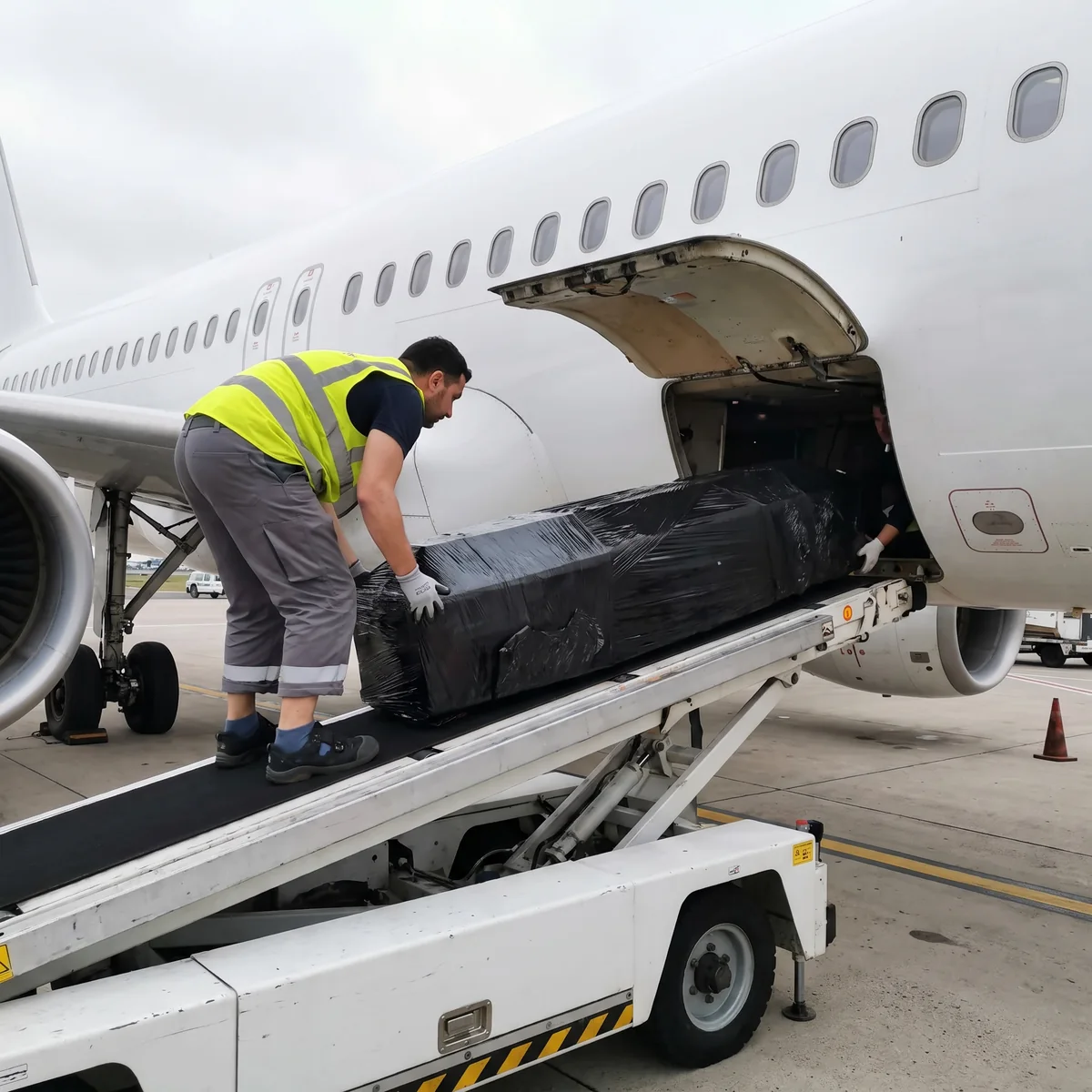 Überführungssarg wird in den Frachtraum eines Flugzeugs verladen