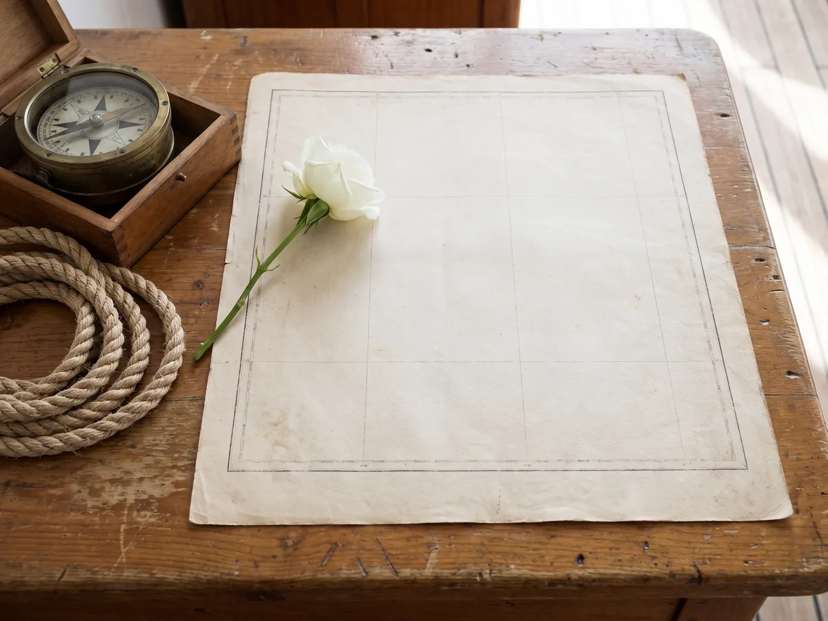 Seekarte, Kompass und weiße Blume auf einem Holztisch