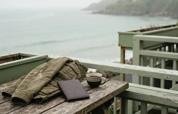 Leere Hotelterrasse am Meer im Morgenlicht, auf dem Tisch eine gefaltete Jacke und ein geschlossener Reisepass