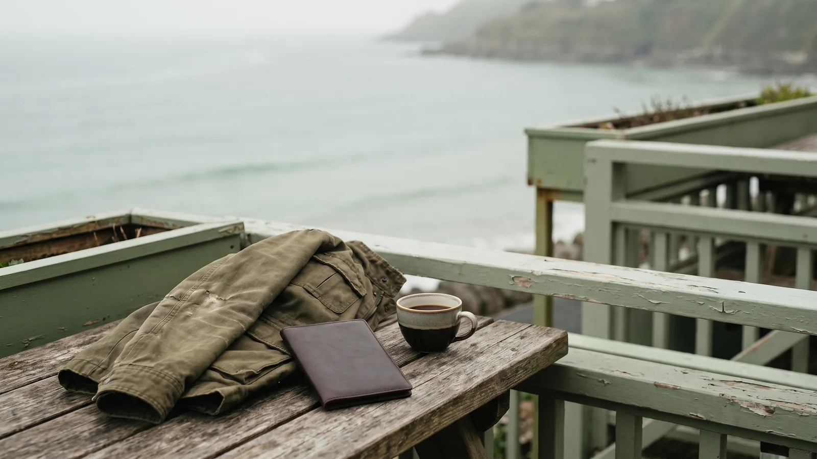 Leere Hotelterrasse am Meer im Morgenlicht, auf dem Tisch eine gefaltete Jacke und ein geschlossener Reisepass