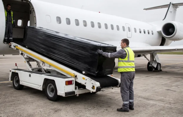 Neutral in schwarze Folie gewickelter Sarg wird am Förderband in den Frachtraum eines Regionaljets geladen