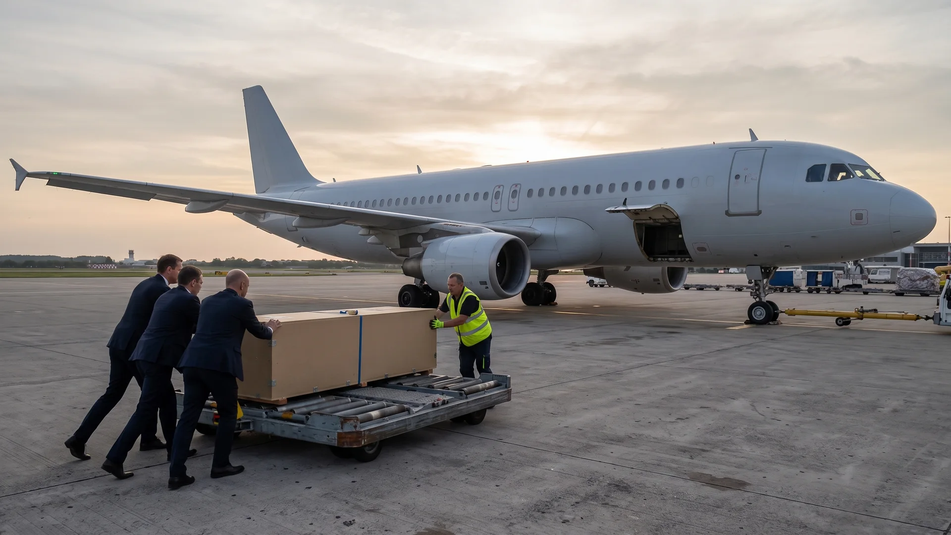 Überführung ins Ausland – Transportkiste wird zum Flugzeug gebracht - RITUAL-SERVICE24 Bestatter bringen eine neutrale Holztransportkiste auf einem Rollwagen zum Frachtraum eines Flugzeugs