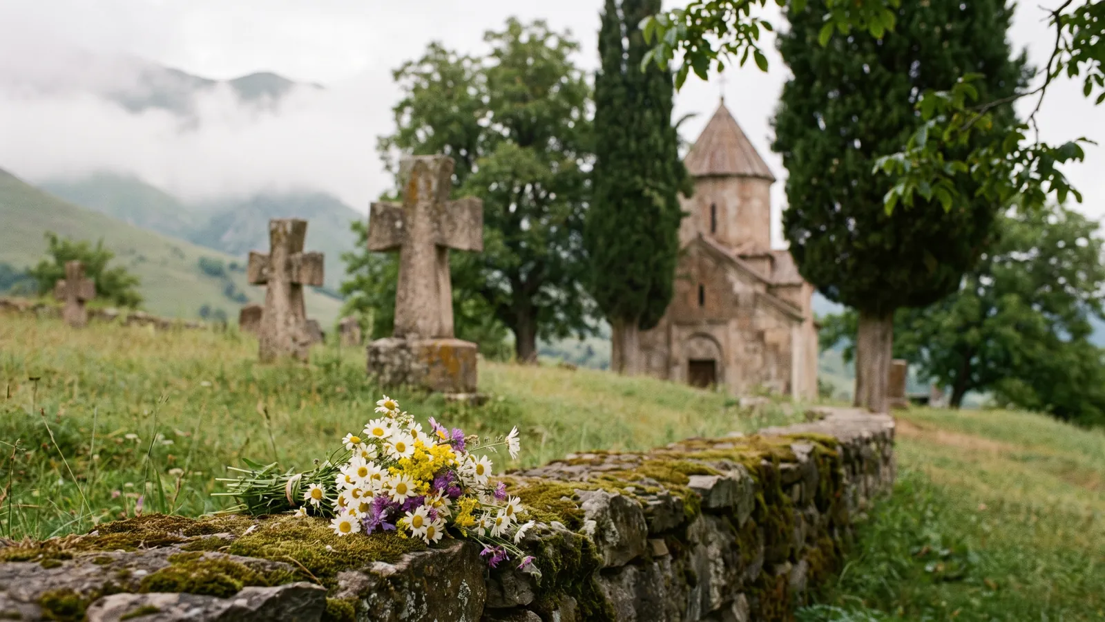 Friedhof mit Steinkreuzen und kleiner Kirche vor Berglandschaft im Kaukasus im Morgenlicht