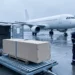 Neutrale Transportkiste auf einem Rollwagen neben einem geöffneten Luftfrachtcontainer, im Hintergrund ein Flugzeug