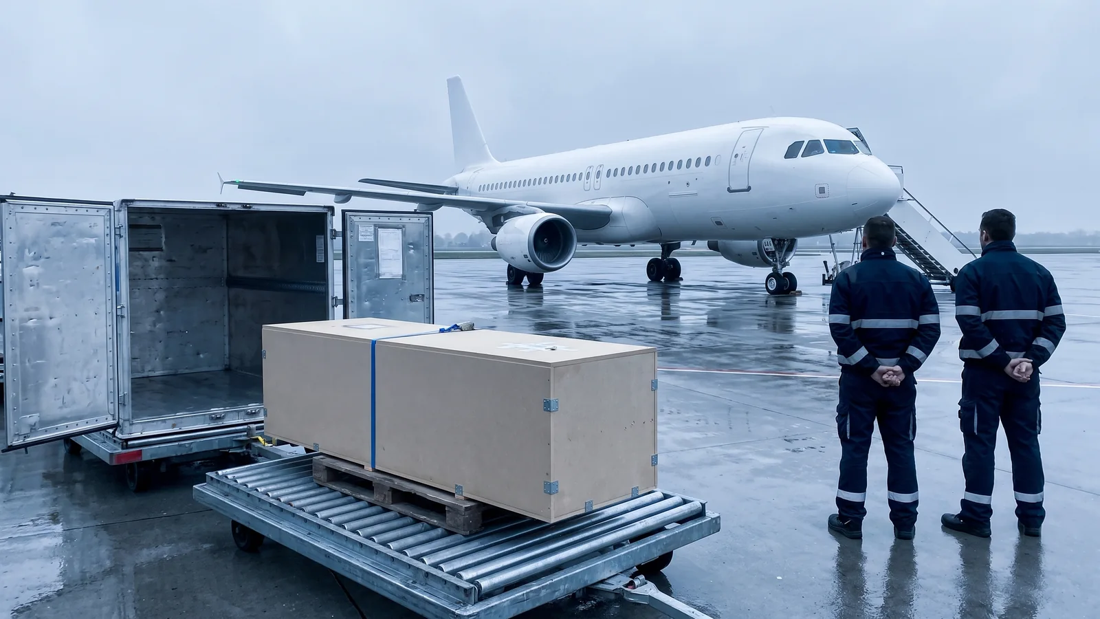 Neutrale Transportkiste auf einem Rollwagen neben einem geöffneten Luftfrachtcontainer, im Hintergrund ein Flugzeug