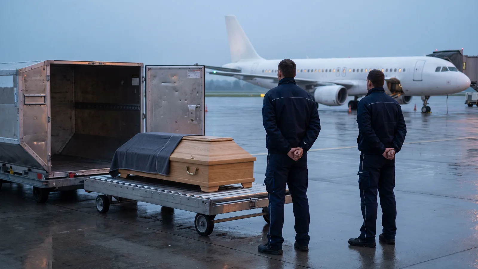 Sarg auf einem Rollwagen am Luftfrachtterminal, im Hintergrund ein Passagierflugzeug