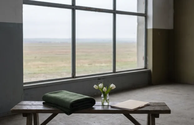 Stiller Morgen an einem Flughafen: Dokumentenmappe und weiße Tulpen vor weitem Horizont