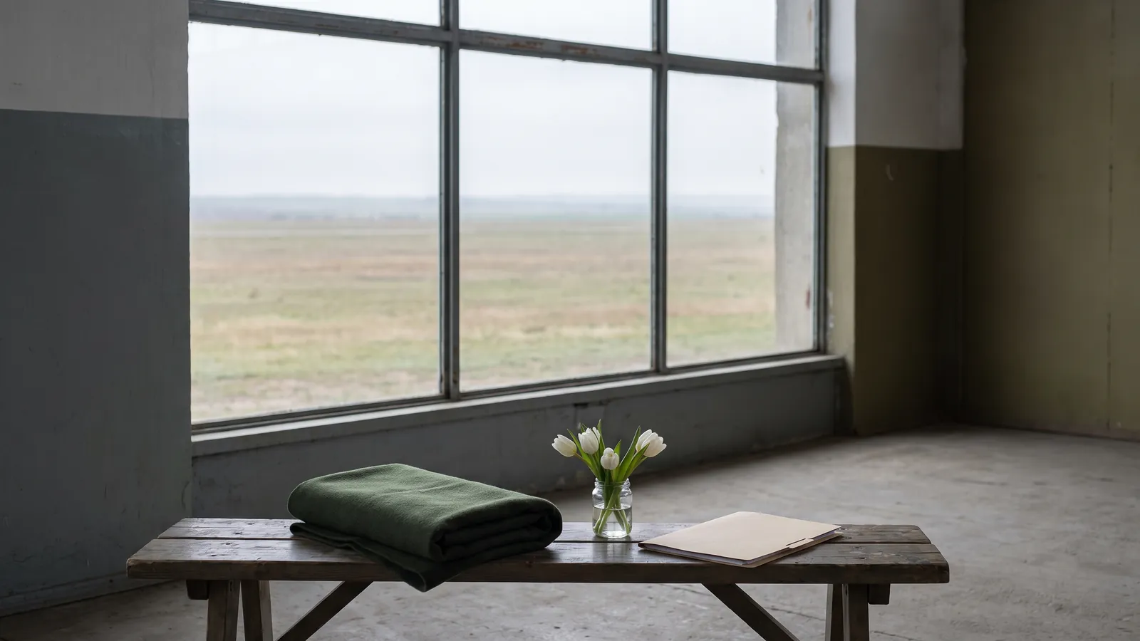 Stiller Morgen an einem Flughafen: Dokumentenmappe und weiße Tulpen vor weitem Horizont