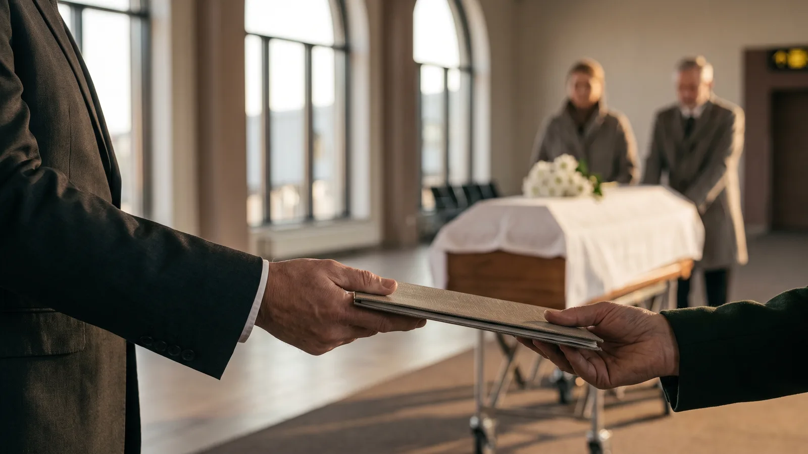 Übergabe der Unterlagen an den Partnerbestatter bei der Ankunft