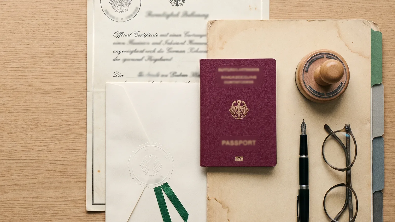 Geordnete Unterlagen, Stempel und Pass auf einem Schreibtisch