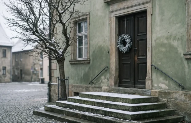 Verschneiter Eingang eines Rathauses an einem stillen Wintermorgen