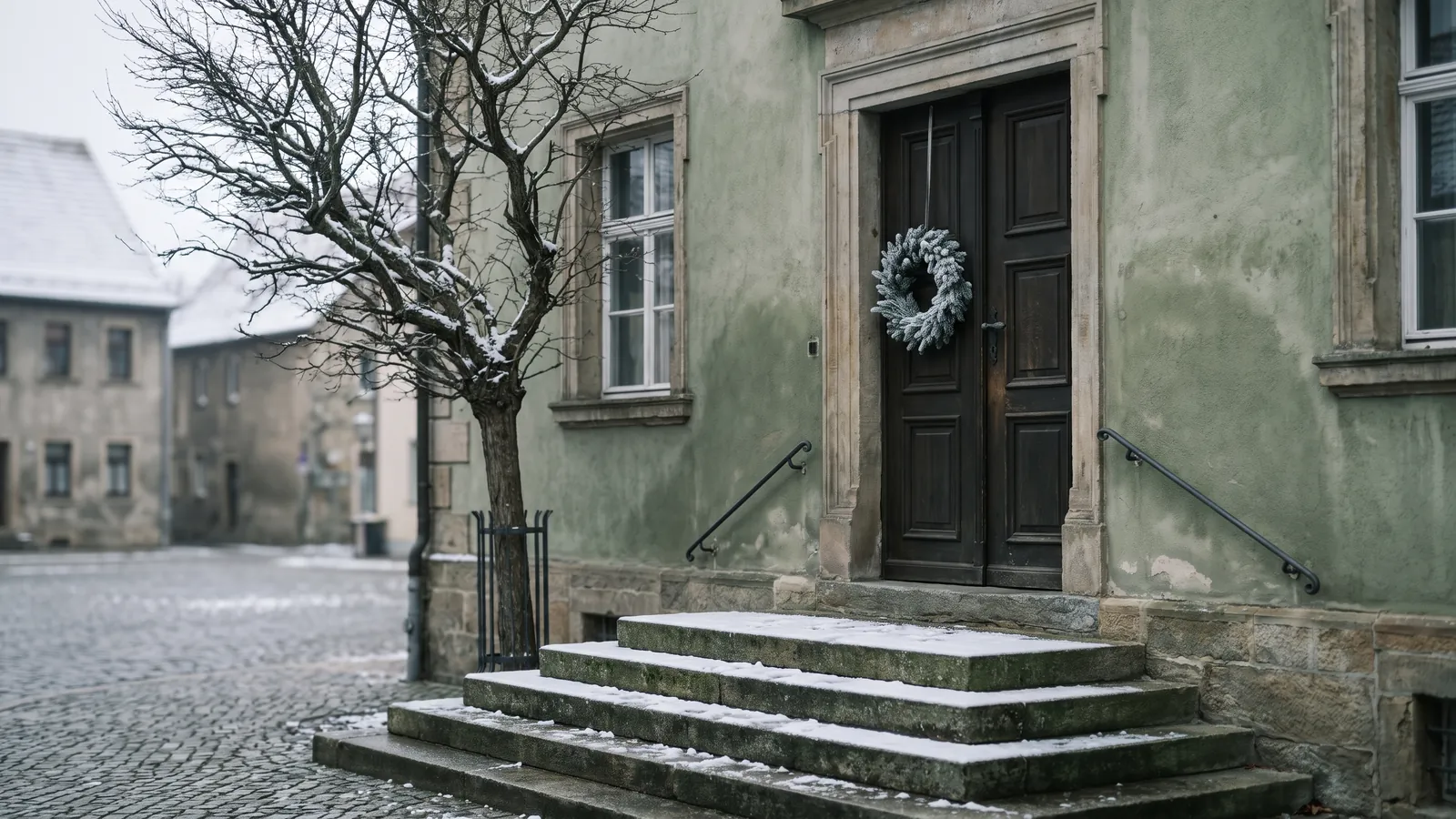 Überführung im Winter und über die Feiertage: worauf Familien sich einstellen müssen - RITUAL-SERVICE24 Verschneiter Eingang eines Rathauses an einem stillen Wintermorgen