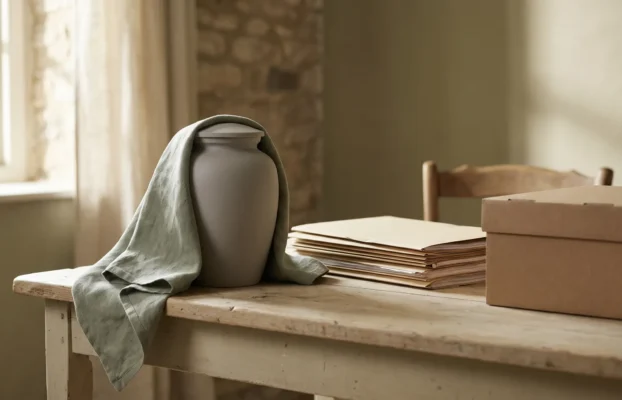 Schlichte Urne auf einem Holztisch neben Unterlagen und Transportkarton für die Urnenüberführung