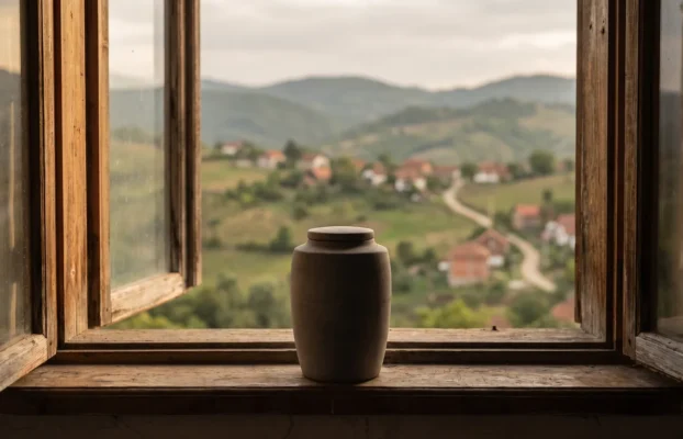 Schlichte Urne auf einer Fensterbank vor geöffnetem Fenster mit Blick auf eine hügelige südosteuropäische Landschaft