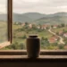 Schlichte Urne auf einer Fensterbank vor geöffnetem Fenster mit Blick auf eine hügelige südosteuropäische Landschaft