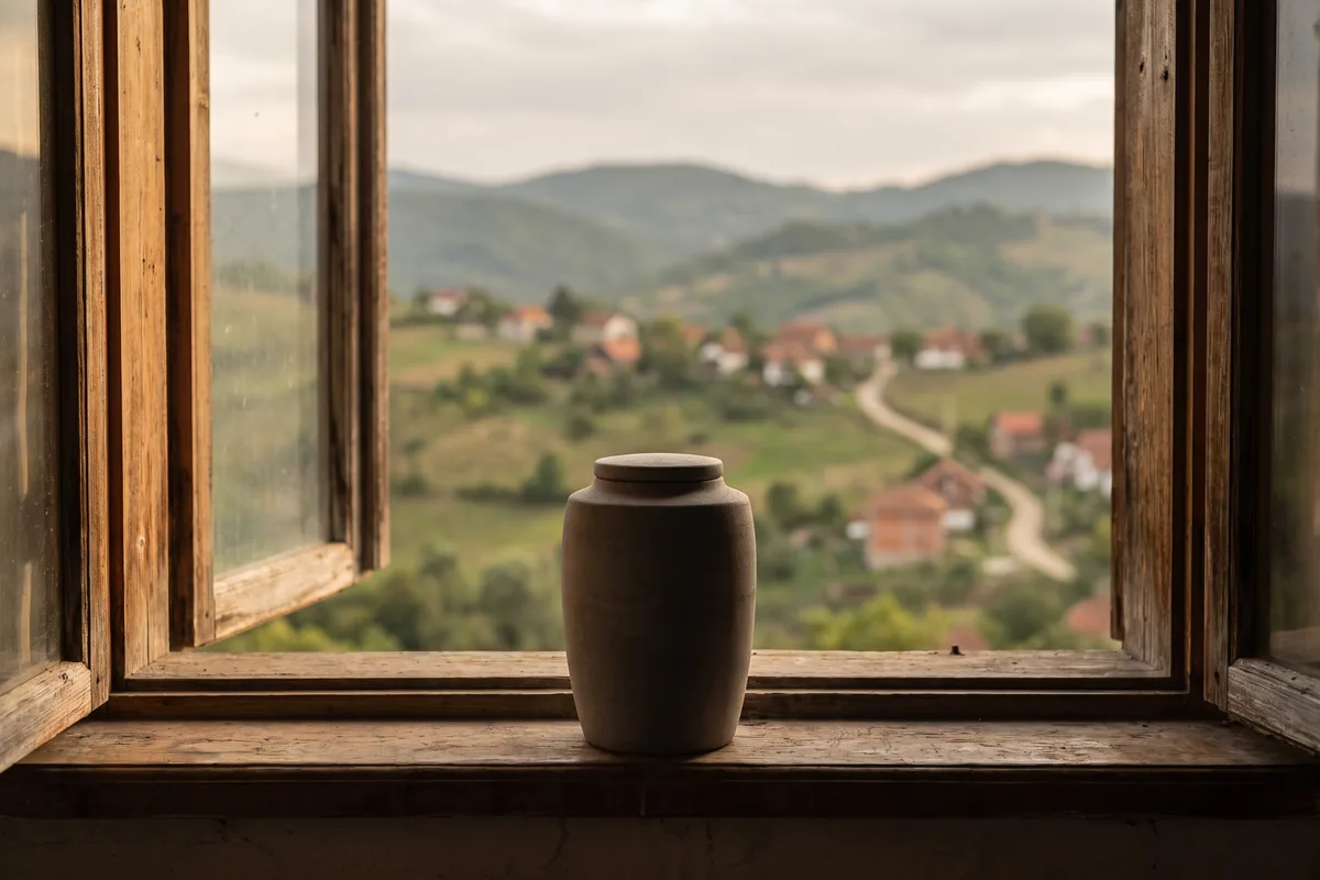 Schlichte Urne auf einer Fensterbank vor geöffnetem Fenster mit Blick auf eine hügelige südosteuropäische Landschaft