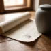 Gestempelte Bescheinigung mit unleserlicher Schrift auf einem Holztisch neben einer schlichten grauen Urne