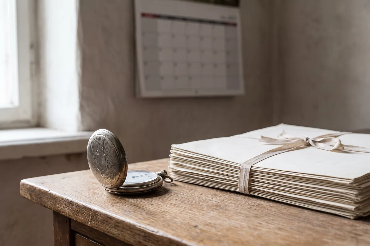 Silberne Taschenuhr neben einem Stapel Dokumente auf einem Holzschreibtisch, im Hintergrund ein Wandkalender